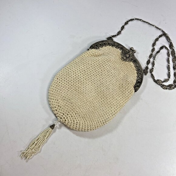 Vintage Christiana Brand Handbag Purse Ribbon Embroidered Chain Strap Ivory - Picture 12 of 16